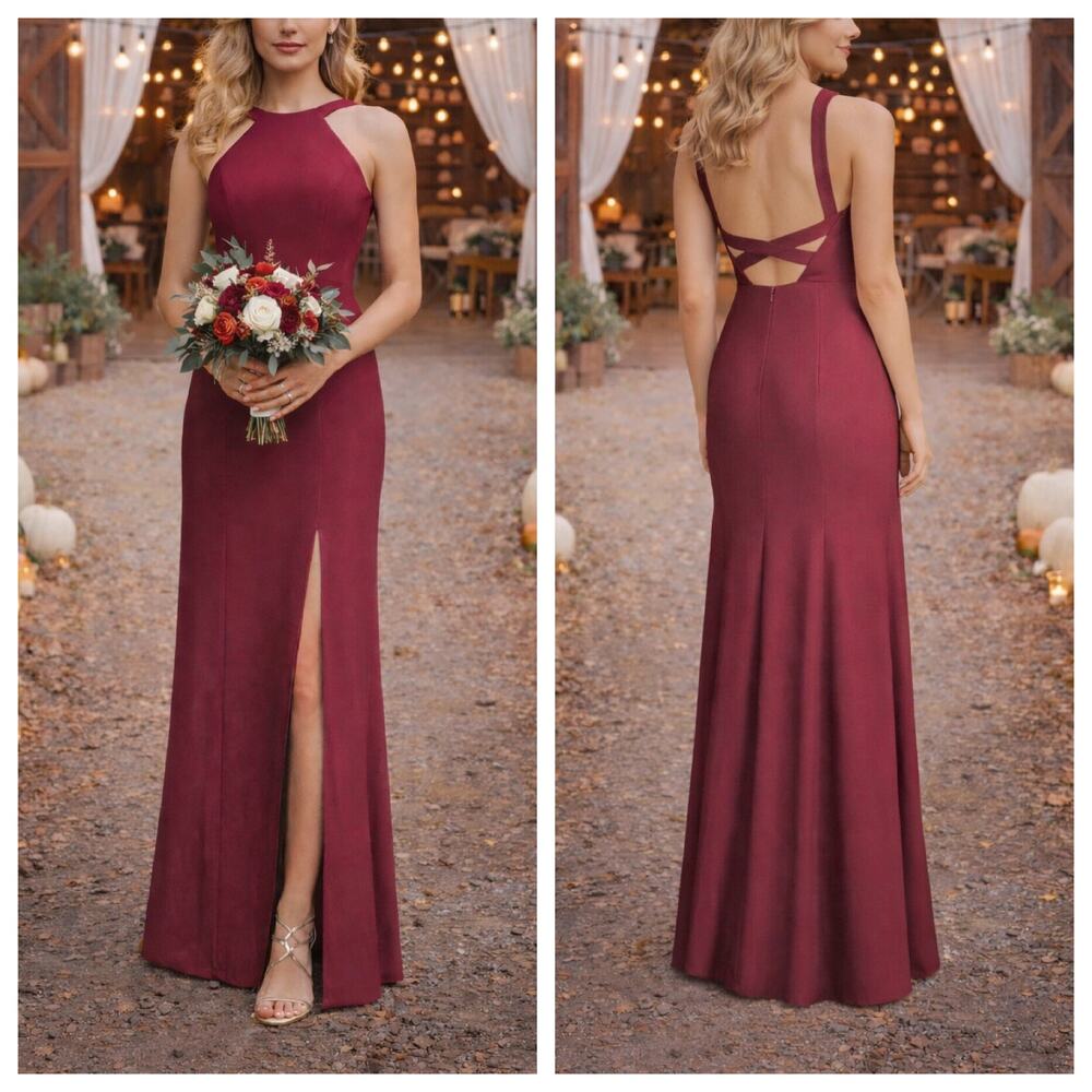 Dessy Collection 3039 Burgundy Crepe Halter Column Gown Slit Sz 14